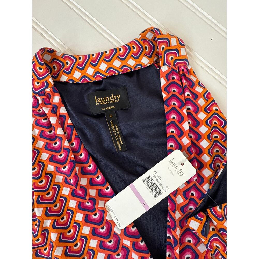 NWT Laundry by Shelli Segal Pop Orange Multi Cinched Mini Halter Dress Size 6 - Picture 3 of 5